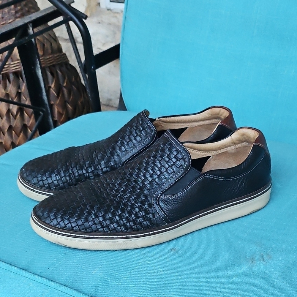 Johnston Murphy McGuffey Woven Black Leather Sheepskin Slip-on Loafers Shoes 10M